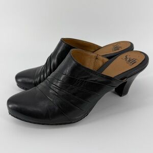 Sofft Black Leather Heeled Slip On Mules/Clogs, Women's 9.5